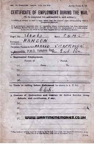 Certificate of Employment During The War (Front)